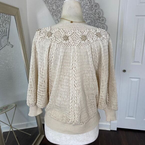 Boho Coquette Knit Cream White Boho Flower Crochet Bat Sleeve Boxy Top One Size - Picture 6 of 7